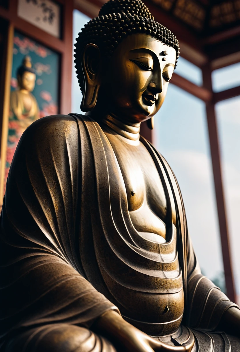 a massive detailed buddha statue, japanese ukiyo-e style, viewed from below, heavy shadows, blurred background, dim moody atmosphere, (best quality,4k,8k,highres,masterpiece:1.2),ultra-detailed,(realistic,photorealistic,photo-realistic:1.37),HDR,UHD,studio lighting,ultra-fine painting,sharp focus,physically-based rendering,extreme detail description,professional,vivid colors,bokeh,oil painting,cinematic lighting
