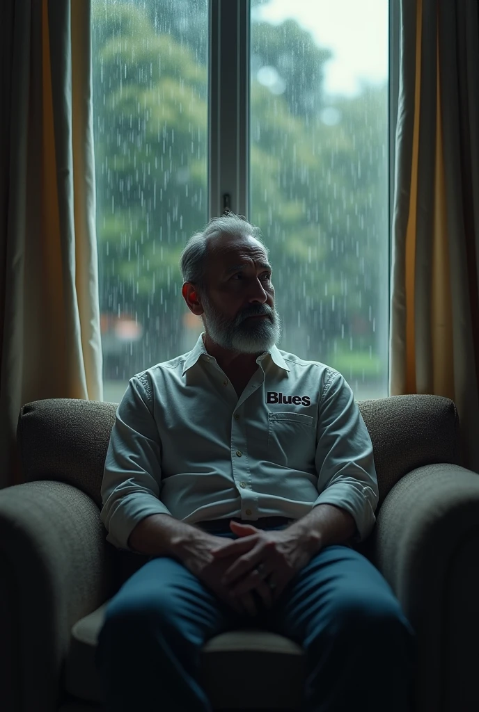 Elegant bearded man, he is sitting on the couch and behind him the rain is falling on his window, focus a lot on the rain falling on the window, He is wearing a shirt that says BLUES on the chest and on the shirt is a Gibson Les Paul electric guitar.