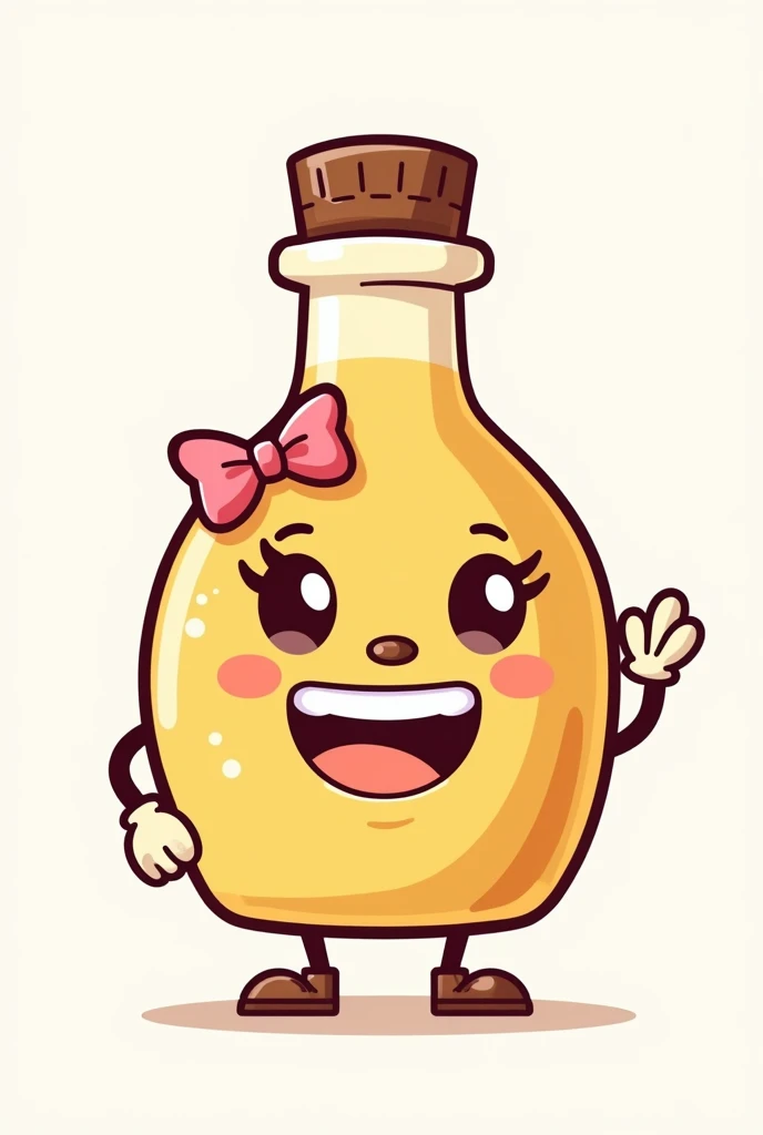 a maple syrup bottle character with a pink bow, big eyes, big eyelashes, with a round nose, big smile with teeth, arms with white gloves and legs with little shoes, 2D simple cartoon non tridimensional, non kawai, simple with black outline