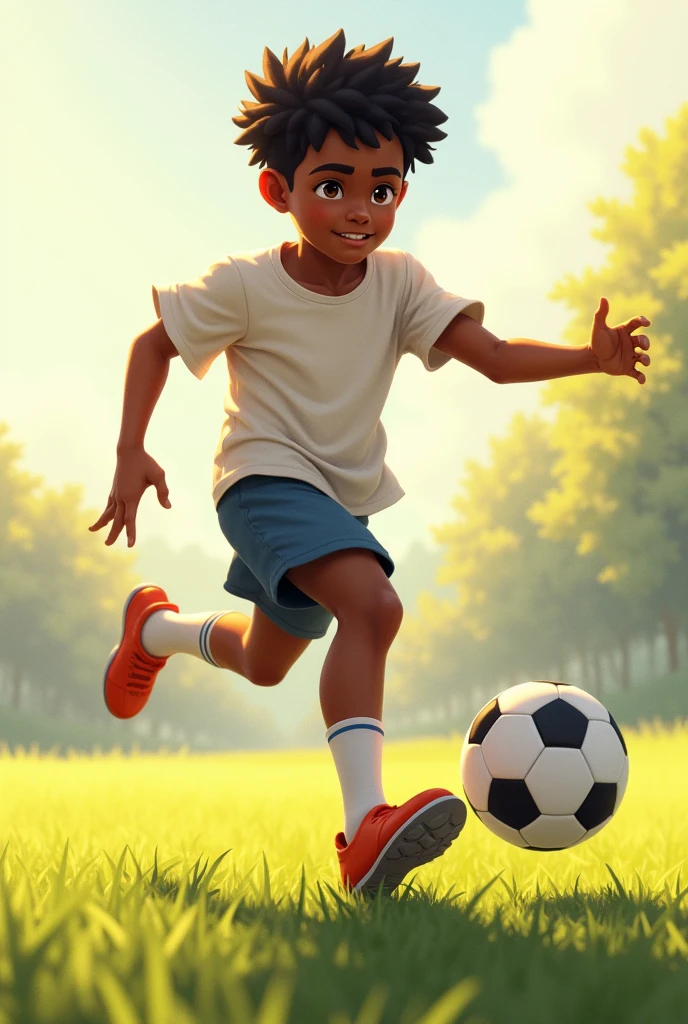 1 dark skinned teenager with black hair and brown eyes playing soccer without a soccer uniform
