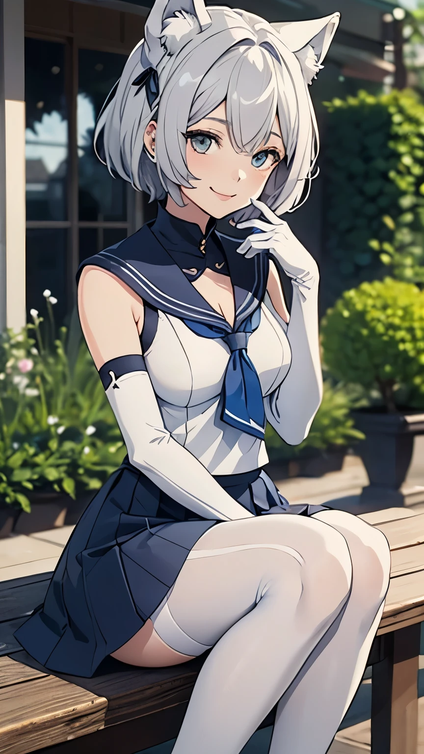 Tabletop Best image quality wonderful Attention to detail One Young Woman((Adult))Anime Style White Sailor Suit(Sleeveless) Navy blue mini skirt snow-white gloves(Elbow Gloves) White Pantyhose White wolf ears short hair((Shortcuts)(Gray Hair)(Curly Hair)(fluffy)) smile(Happy) Eye color is blue background(garden) Please show me the soles of your feet