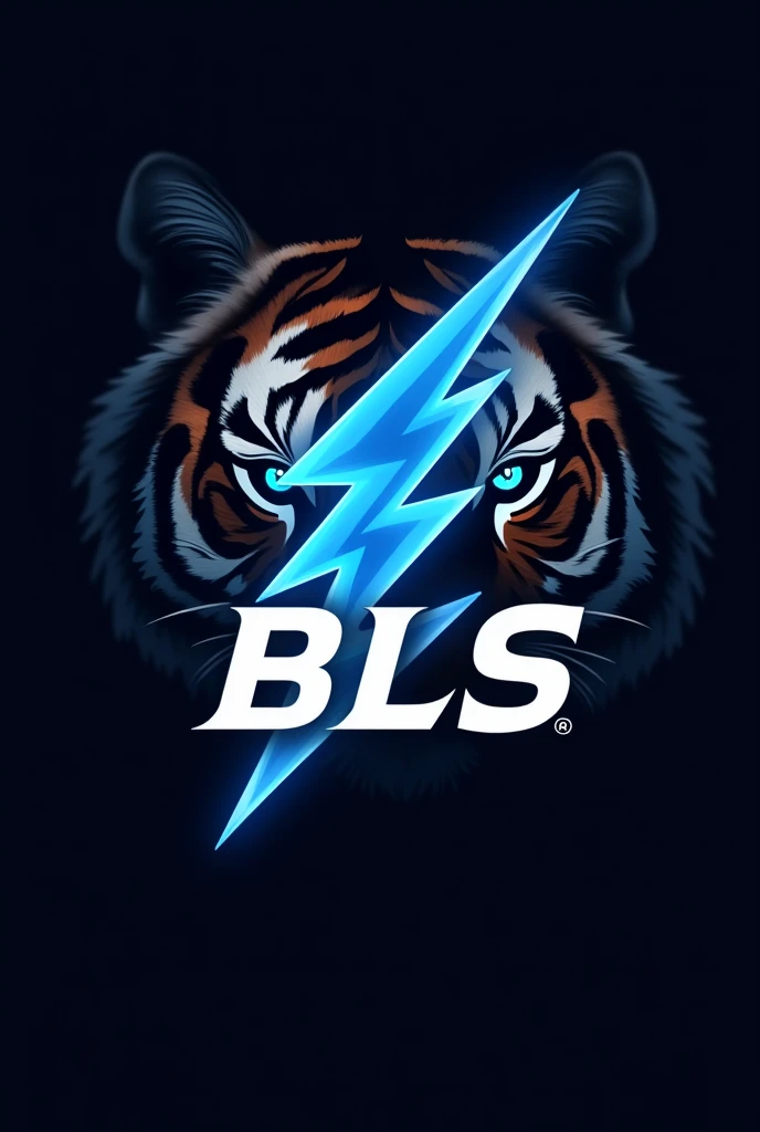 a blue and white lightning bolt logo, written BLS below, with the eyes of a tiger in the background