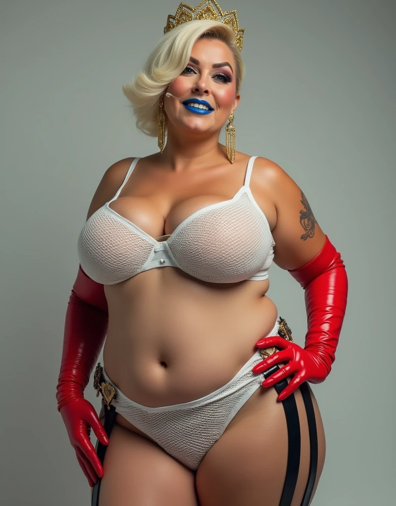 Overweight big body elder 60 year old attractive woman with blue lipstick high eyelashes golden hairs with crown wearing white netting lingerie leather strips shorts covering red gloves on hands exuding pride and confidence nose ring full body view