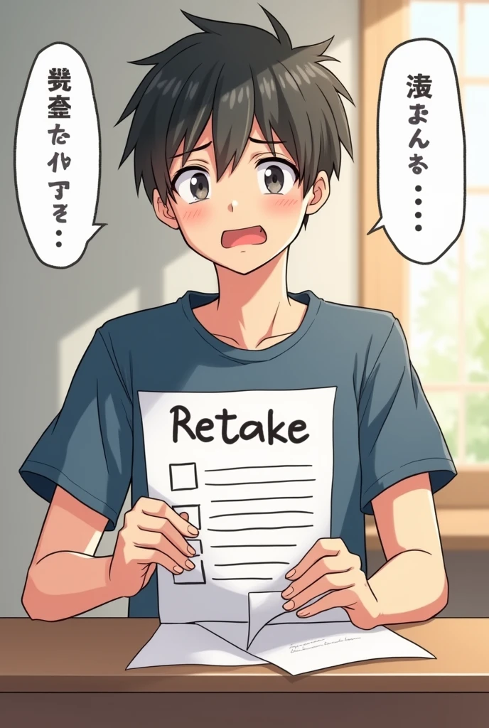 Bad test results, it says "retake", Gaaah, dejected boy, (anime manga cartoon illustration)-style