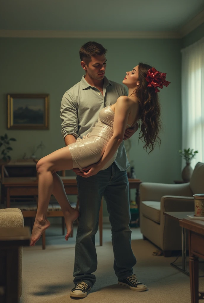 in a living room, A man in casual clothes is standing on the ground, carrying and lifting in his arms a beautiful sleeping naked brown haired young adult European woman who is wrapped in plastic and has a gift bow on her head, The woman's body is stretched out and is on the ground, Full body view, Excellent lighting, hyperrealistic quality image, high resolution