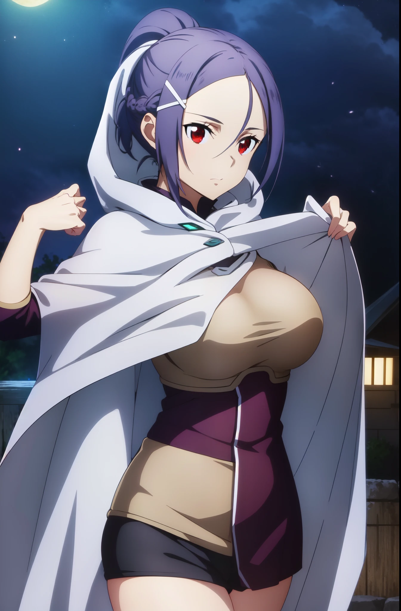 (masterpiece, best quality:1.16), red eyes, cowboyshot, long pony tail, up ponytail, big breast, black short,white cape, thigh, cute,night, Criss cross, (large breast)