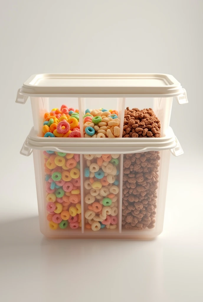 Large recyclable Tupperware style cereal box with three compartments containing different cereals, Froot Loops, Sugar Cookies and Chocolate Krispies