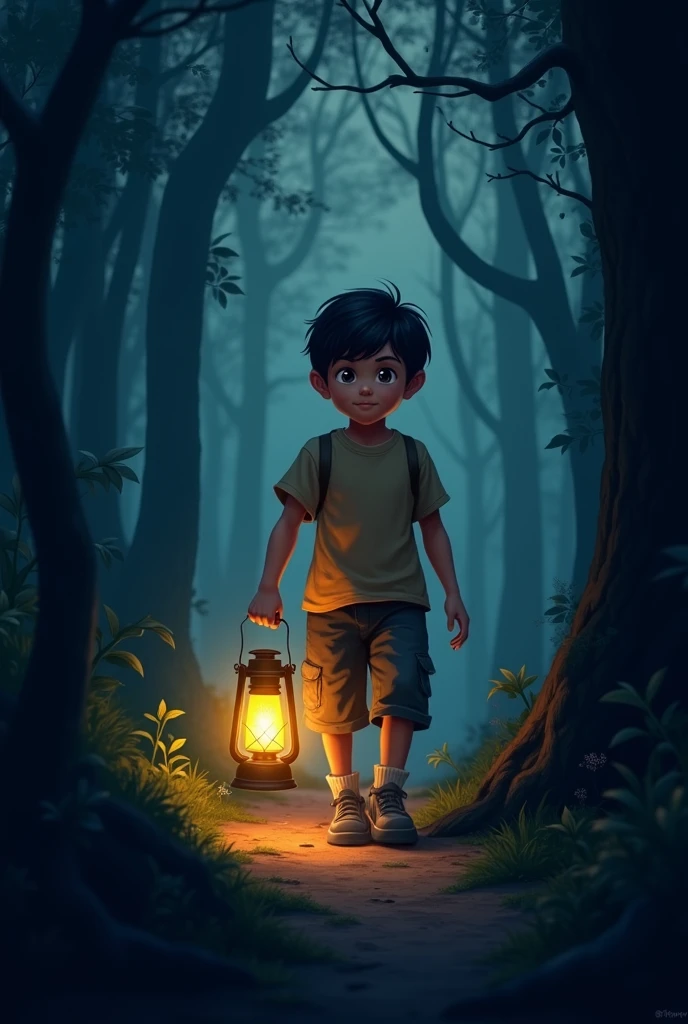 "Create a logo featuring a young boy holding a lantern that emits a soft, warm light, guiding his way through a dark forest. The boy’s expression should be determined, symbolizing his journey of self-empowerment and overcoming loneliness. The lantern light should illuminate the path ahead, representing hope and direction. Use contrasting colors, such as dark blues and blacks for the forest and warm yellows for the lantern light, to emphasize the contrast between darkness and light."