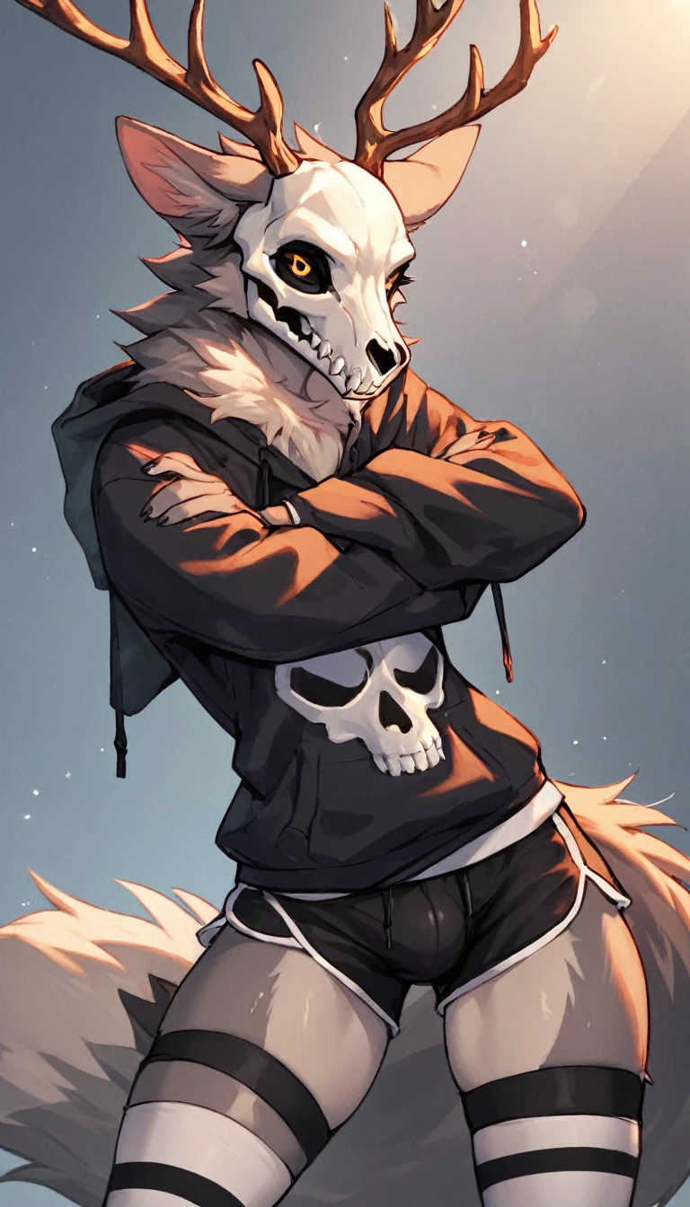 1boy, (femboy), canine furry, anthro, (canine skull head), half skeleton arms, black sclera, fluffy neck, broken antlers, dark grey fur, shy expression, arms crossed, wearing sport shorts, thigh high leg warmers, wearing an oversized hoodie top, score_9, score_8_up, score_7_up, score_6_up, score_5_up, score_4_up