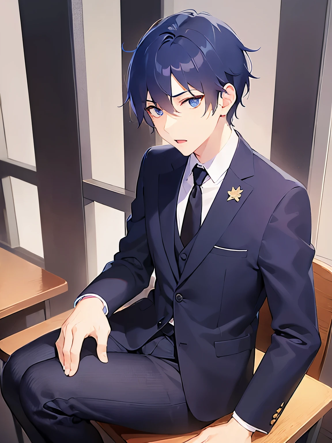 (2 male:1.3) and (Black short hair) and (blue eyes), Side shot、shiny skin, masterpiece、Highest quality、
(Wearing a suit:1.5) and (Blue tie)、
confused,open mouth,
The background is the conference room、(alone:1.5)