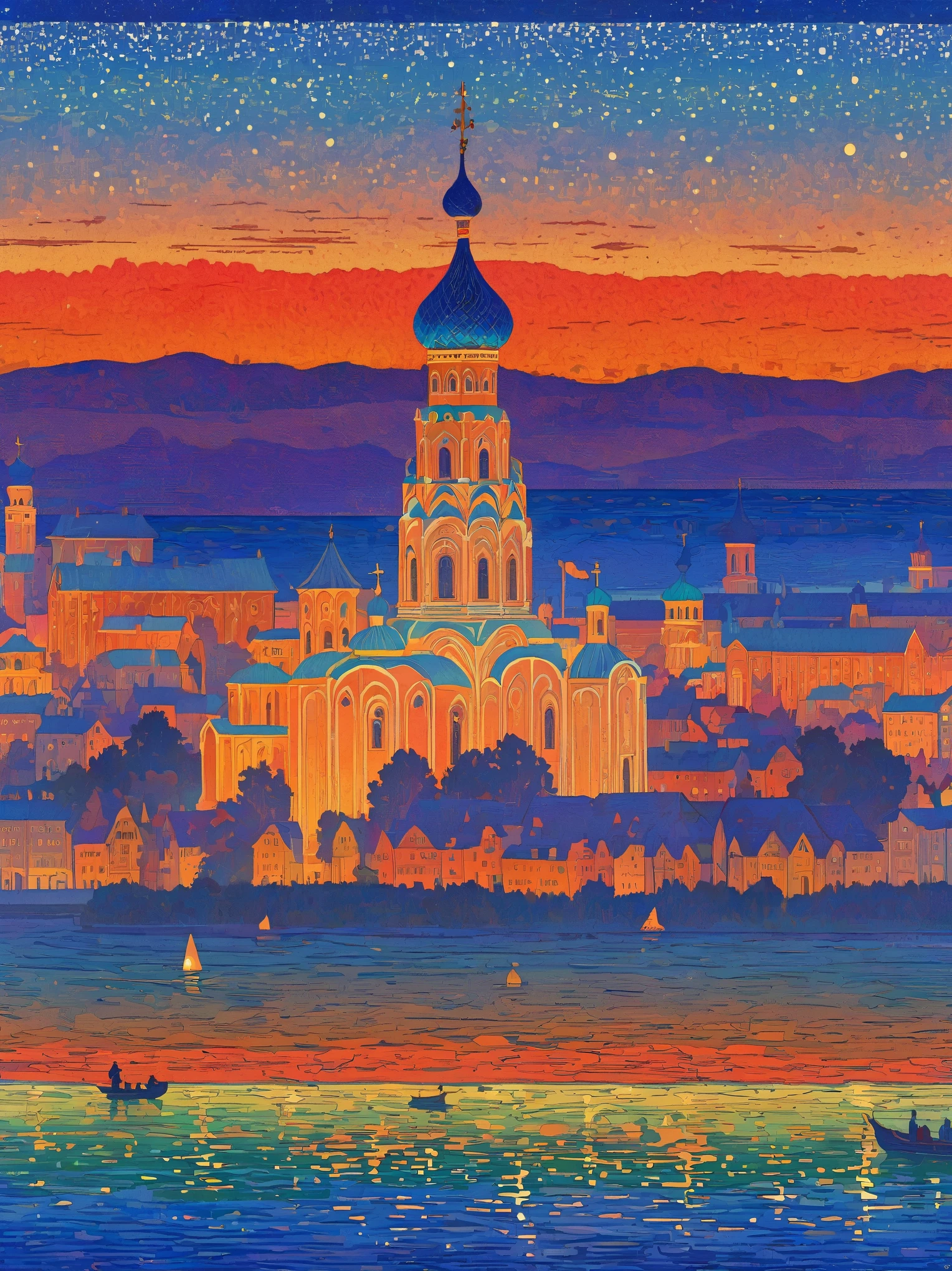 Close-up of a poster，Buildings in the background, A starlit city at sunset, Ivan Bilibin (Ivan Bilibin) of inspiration, Grainy Risograph Matte, Sacred City | illustration, inspired author：Igor Grabar, slav epic, Magical Soviet town, author：Igor Grabar, 受到瓦西里·马克西莫夫of inspiration, Andrei Ryakin (Andrei Ryabushkin) of inspiration