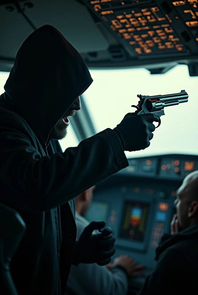 Hijacker with revolver and covered face in plane shouting on pilot in cockpit, cinematic shot