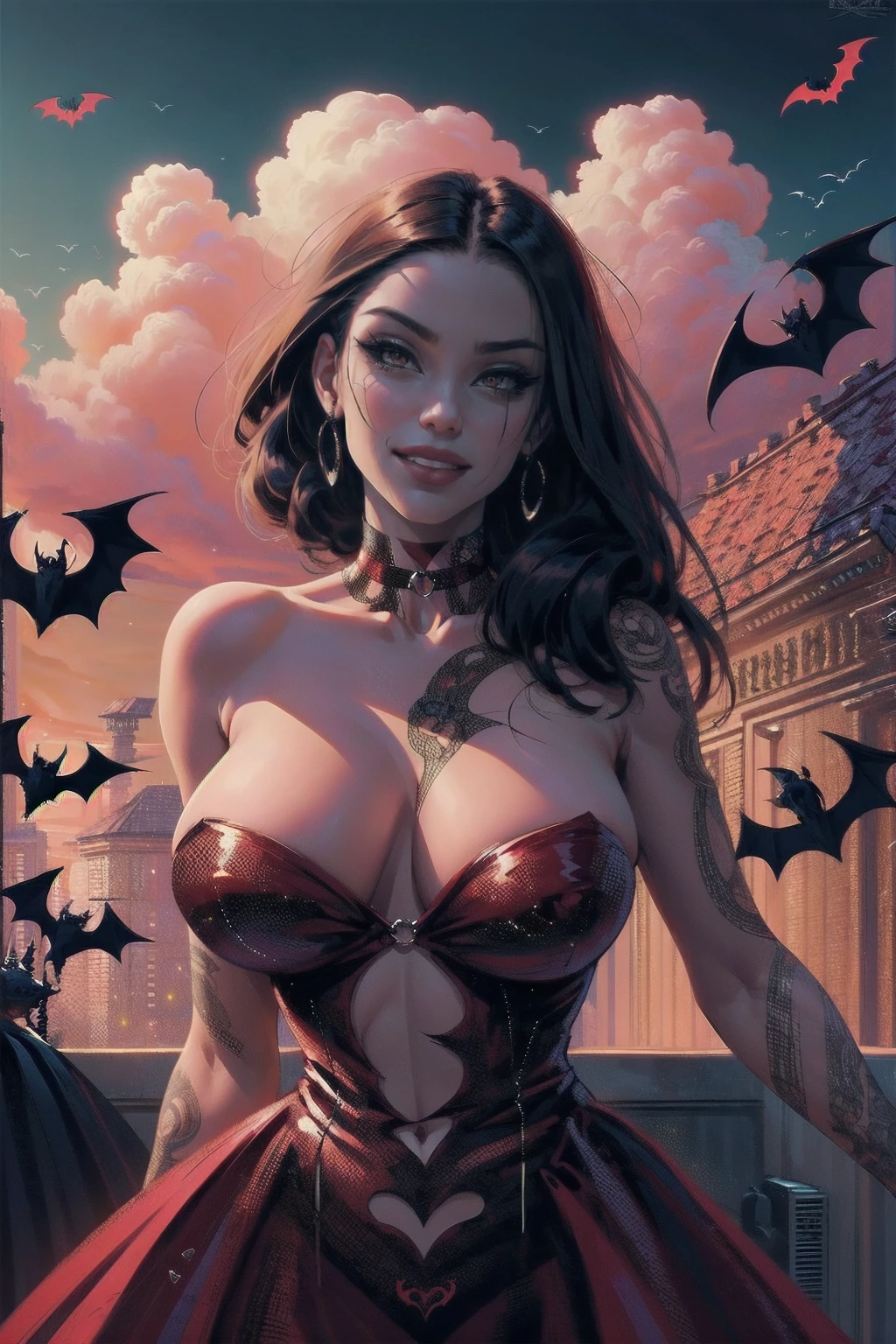 vampire girl, long canines, red outfit, malicious smile, hair long black, Short strapless dress, showing most of her large breasts, generous neckline, Bare arms with horror tattoos, sultry posing, bats flying around, Gothic visual, gorgeous face, perfectbody