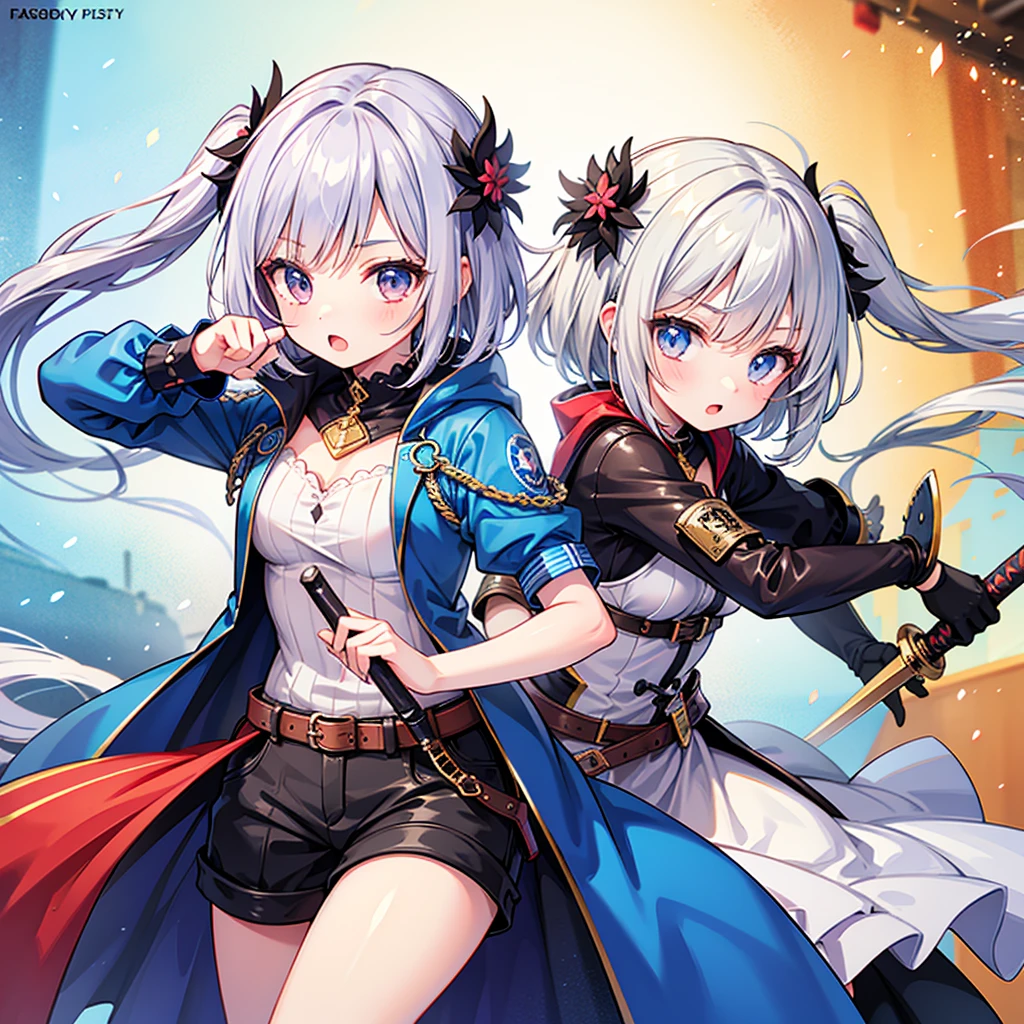 Absurd, High resolution,, One girl, Little, cute,Silver Hair、Battle Style、Sword Fighting、Cover photo、Fantasy、