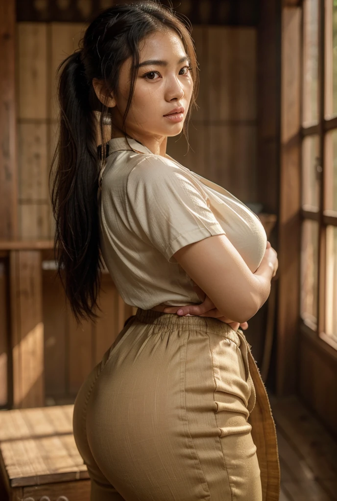 1girl, beautiful detailed asian woman, young, vietcong, huge detailed ass, thick detailed thighs, busty chest, full shirt, flared cloth pants, paddy field, messy luscious hair, detailed face, penetrating eyes, long ponytail, beautiful detailed lips, extremely detailed skin, detailed clothing, (best quality,4k,8k,highres,masterpiece:1.2),ultra-detailed,(realistic,photorealistic,photo-realistic:1.37), natural lighting, warm color tones, cinematic composition, thicc, natural, no makeup