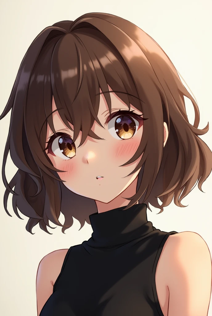 (boku no hero academia art style), (Horikoshi art style), 1 girl, short fluffy brown hair, bangs split in three sections, longer strands franing bangs, hazel eyes, slightly tired eyes, black sleeveless turtleneck