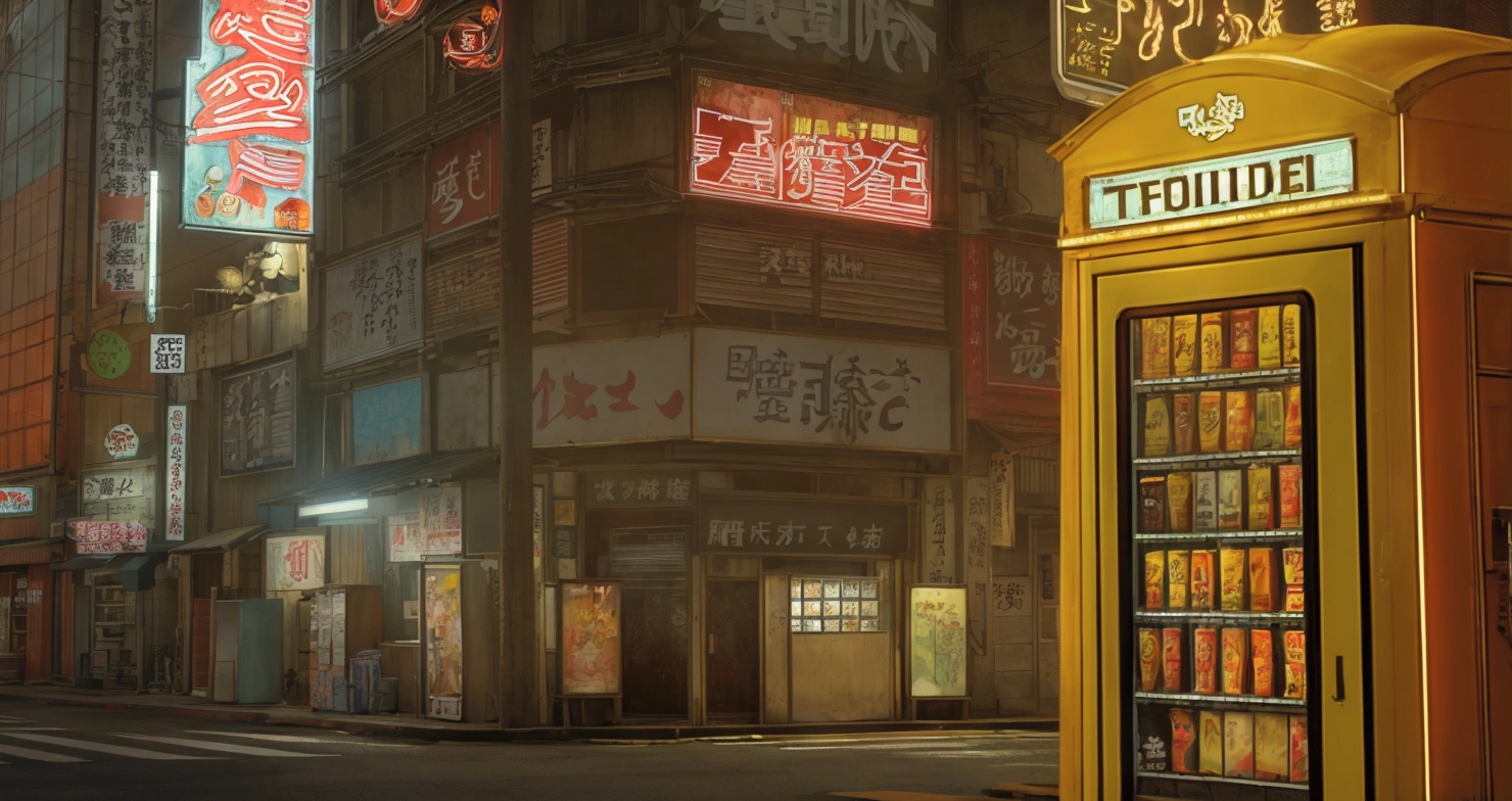 夜晚的京东street，Small shop signboard，Old building，Old signboard，Vertical Sign，street，There are vending machines on the street，Door，New Tokyo Background, Real texture，ue5 render，3D Rendering，Signage