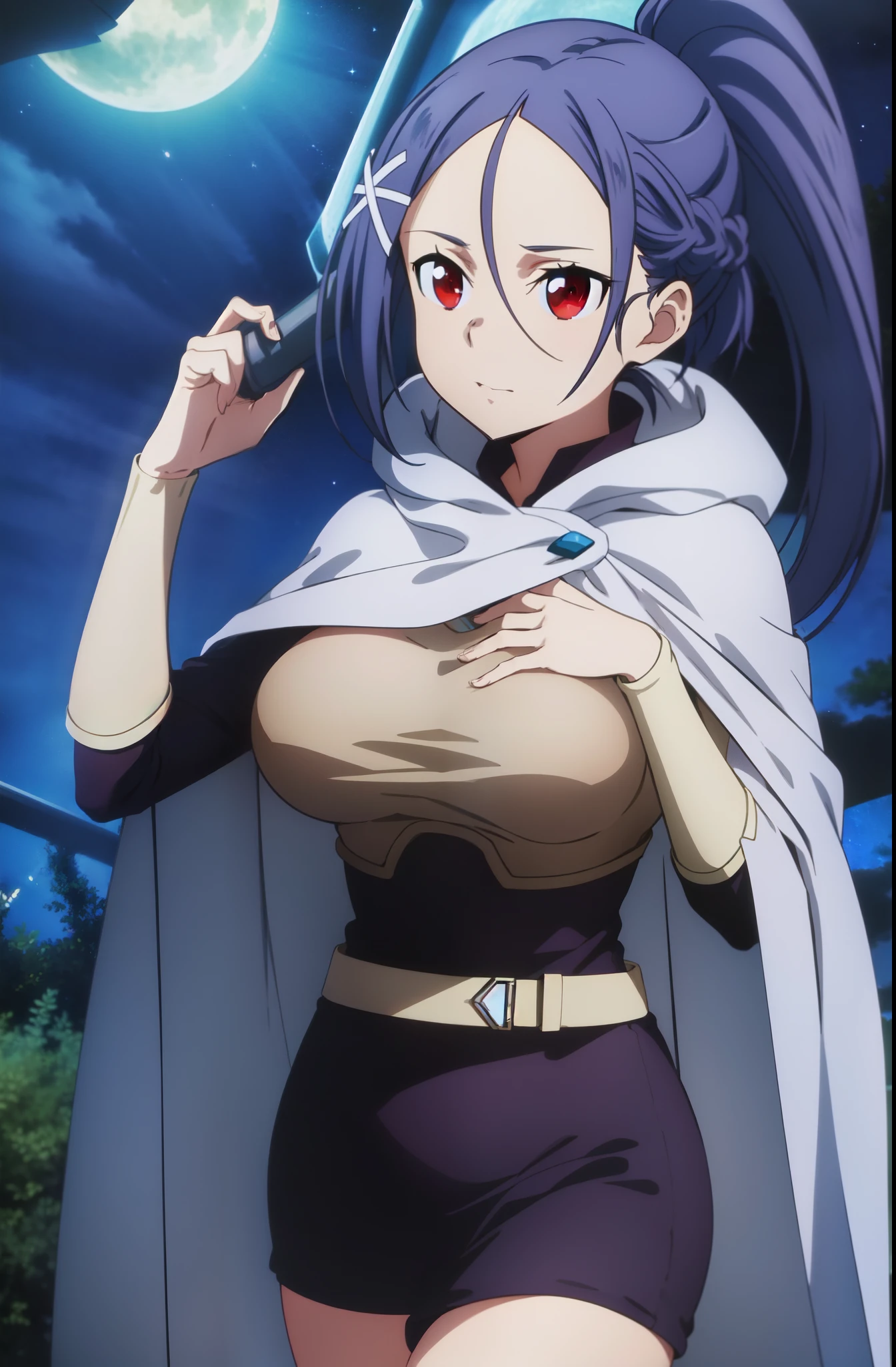 (masterpiece, best quality:1.16), red eyes, cowboyshot, long pony tail, up ponytail, big breast, black short,white cape, thigh, cute,night, Criss cross, (large breast)