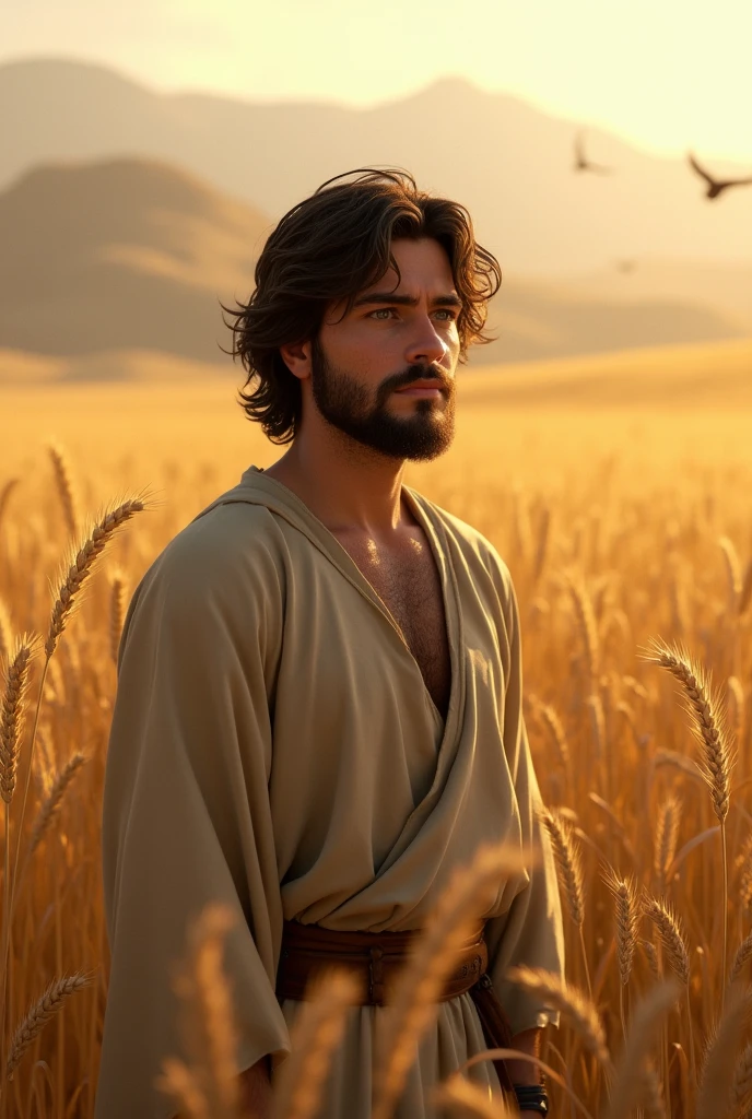 Generate a realistic image of Boaz, young adult with beard, came with a medium long tunic, Bblack hair, light eyes based on the story of Ruth according to the Bible. Who was observing a wheat field facing the camera