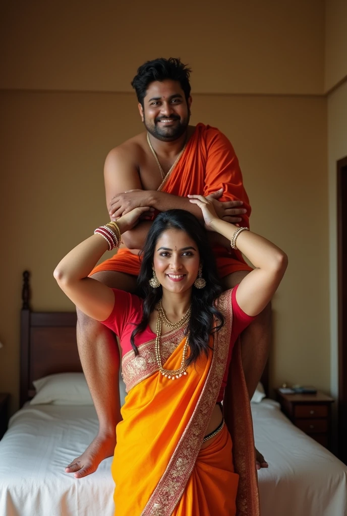Beautiful and Slim Indian woman in rajasthani ghoonghat saree lifting piggyback a large chubby fat man above her shoulders, man is sitting on woman's shoulders, in a bedroom with high ceiling, natural smile, woman is looking into the camera , she is holding his hands, full body image 