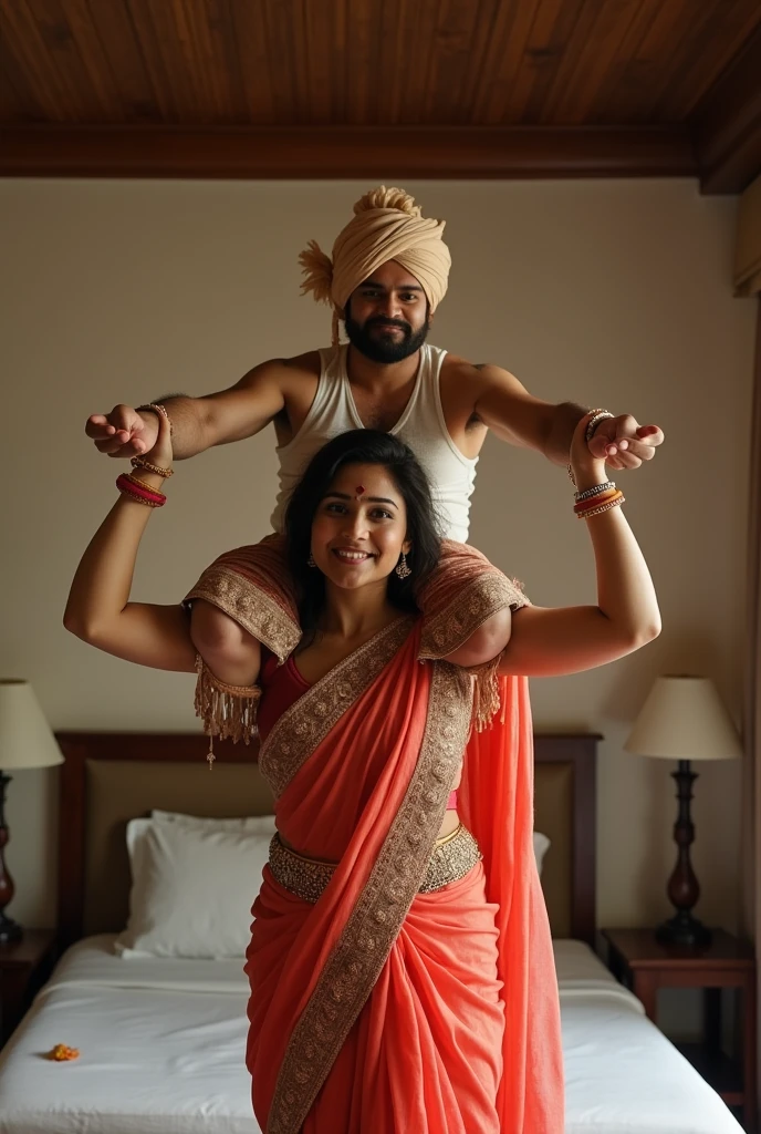 Beautiful and Slim Indian woman in rajasthani ghoonghat saree lifting piggyback a large chubby fat man above her shoulders, man is sitting on woman's shoulders, in a bedroom with high ceiling, natural smile, woman is looking into the camera , she is holding his hands, full body image