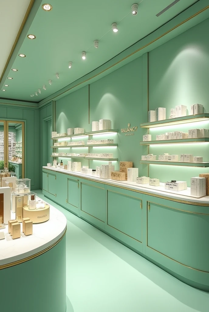 create the interior of a cosmetics store inside a shopping mall, for a brand called Walancy, in water green colors, white and gold