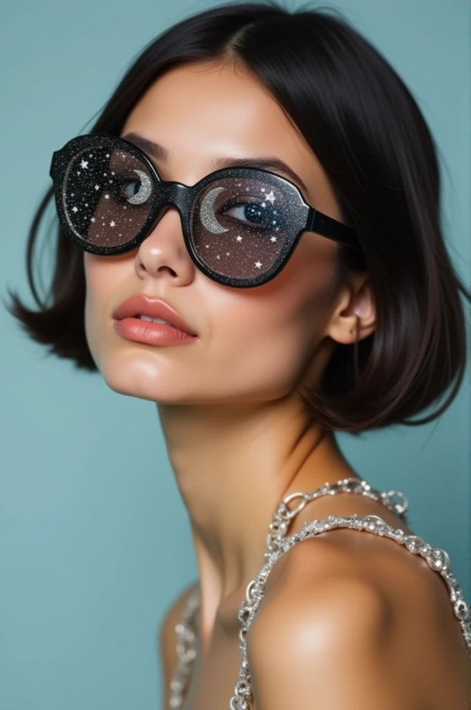 The model is wearing glass sunglasses with stars and the moon on the glass