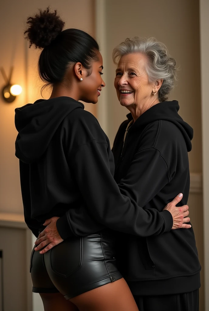 black woman hair in a bun black hoodie black leather short shorts being fucked in the ass by a old grandma in a dress