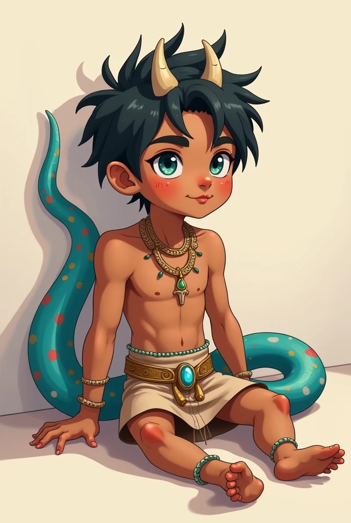 Young man under, delgado, age body, blue snake tail, little blue horns, brown skin, and some multicoloured scales. short hair. anime style, cartoon style, Digital art, high detail face, tan lines. Clean and delicate face. Friendly face, whole body. lying on the floor, relaxed pose, laziness. tribal clothing, short skirt, bare legs, soft skin, bone ornaments, Gold bracelets and accessories, simple background.