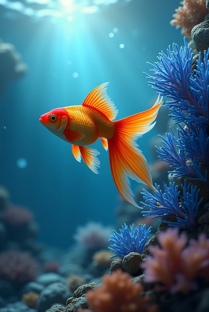 Make a red-finned goldfish next to a beautiful blue coral