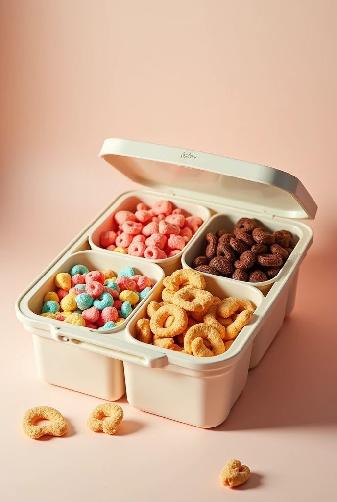 Large recyclable Tupperware style cereal box with three compartments containing different cereals, Froot Loops, Sugar Cookies and Chocolate Krispies, and with the name Kellogg&#39;s
