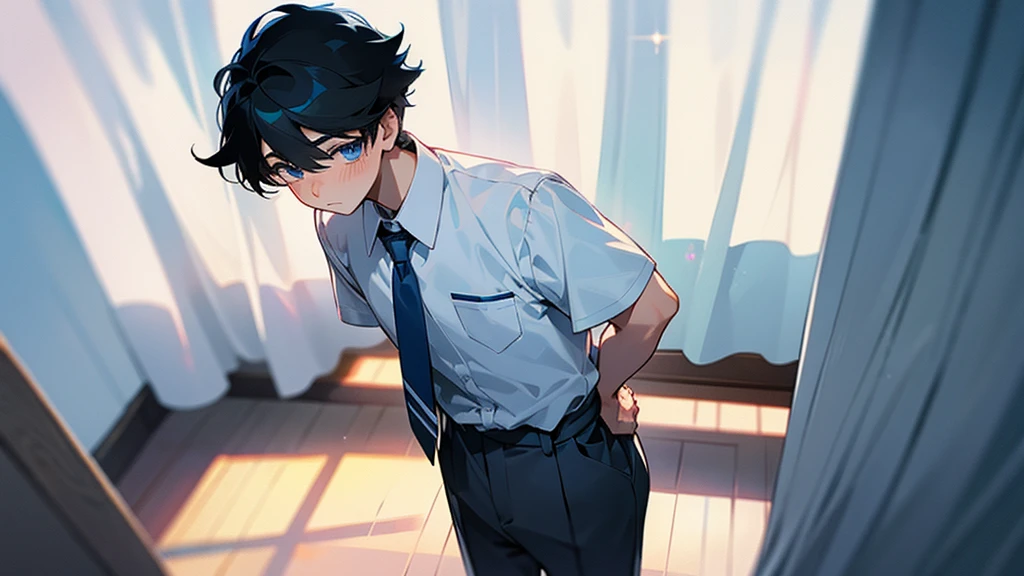 A very cool high school boy in a school uniform、blush、Black Hair、Blue sparkling eyes、Standing at the entrance to the classroom、White Curtains、One person、solo、Retro anime style