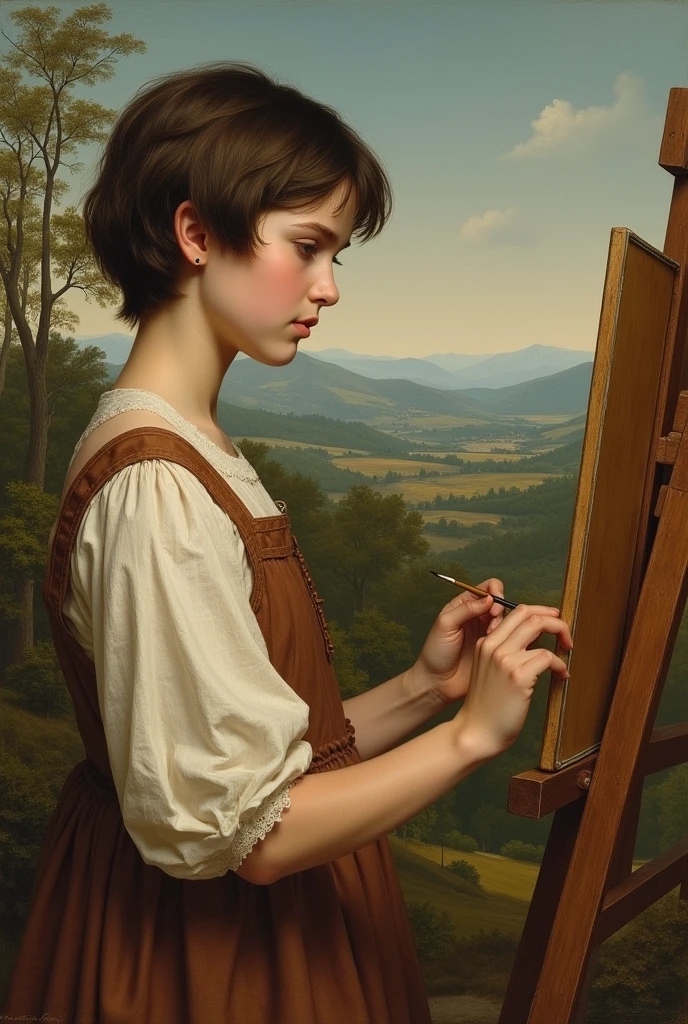 Painting of a young Renaissance girl with short hair painting a landscape