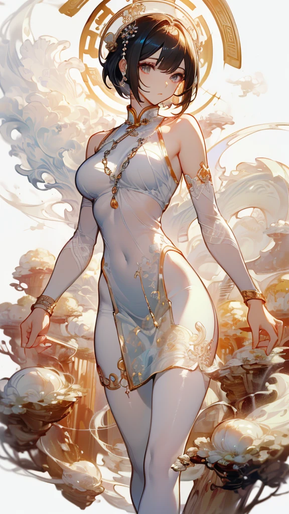 ((masterpiece, best quality)), Delicate face,goddess,cloud顶天宫,cloud,Chinese style,antiquity,whole body,Long legs,Standing,Perfect body proportions,Handsome short hair,beautiful eyes,Fantasy style,Extremely beautiful,Pure white background,transparent,Large Breasts,nude,chain,sexly,Pantyhose
