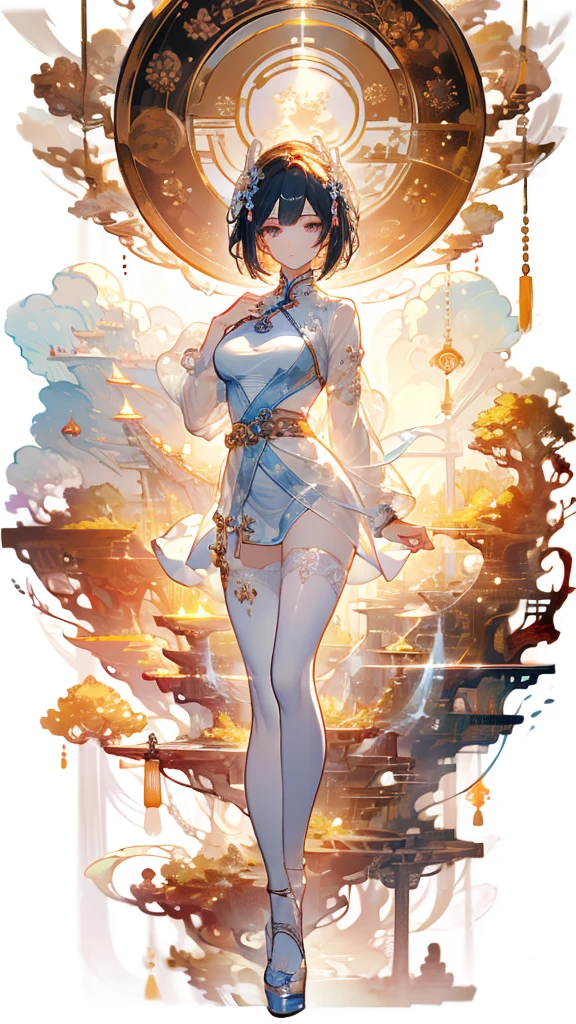 ((masterpiece, best quality)), Delicate face,goddess,cloud顶天宫,cloud,Chinese style,antiquity,whole body,Long legs,Standing,Perfect body proportions,Handsome short hair,beautiful eyes,Fantasy style,Extremely beautiful,Pure white background,transparent,Large Breasts,nude,chain,sexly,Pantyhose