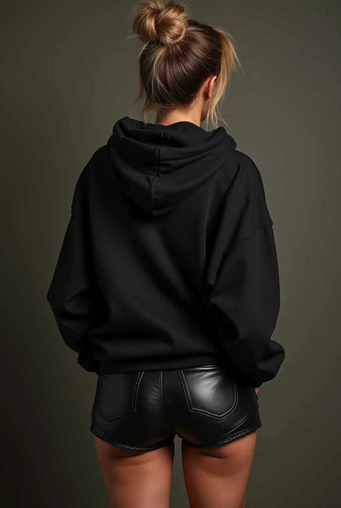 black woman hair in a bun black hoodie black leather short shorts being fucked in the ass by a old grandma in a dress