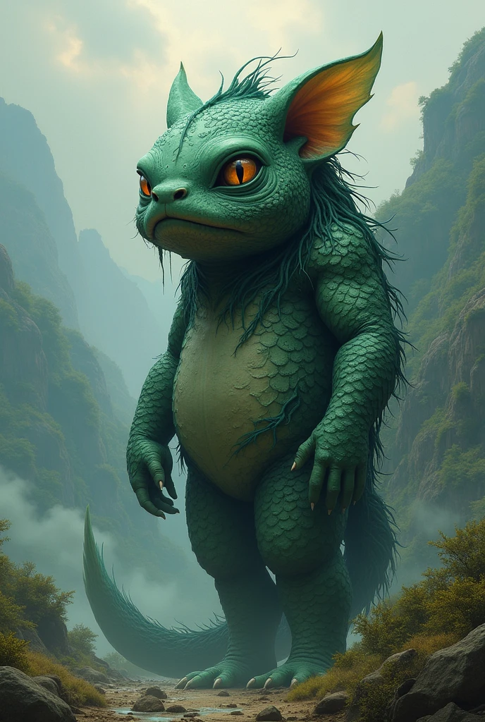 A humanoid catfish with a layer of algae and El Mohan, which is a typical myth of the Andean region and whose face is tender and its body large and imposing.