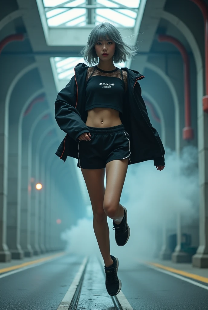 best quality, sports fashion portrait, beautiful Japanese cute  girl,, beautiful  fashion model,  Realistic, 20-years-old, gray hair, , ((jumping, over below angle)), all body shot, looking other, forcus high cut black sneakers, A sporty and modern outfit featuring a cropped top with a subtle black  logo "AGPI", , designed to accentuate the body’s contours. The top is paired with (fish net mesh) overlay that adds a stylish, athletic vibe. The cropped length of both tops creates a layered look. Completing the outfit is an oversized jacket that provides a cool and voluminous contrast, balancing the overall appearance and enhancing the active, abs, urban aesthetic. She is situated within the interior of a futuristic colony, in the deep night, with mist drifting and steam rising from concrete