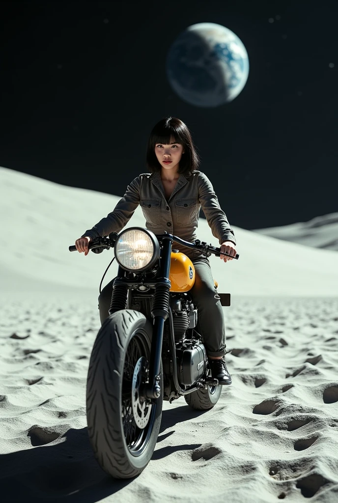  beautiful young woman from Brooklyn, dressed in a jumpsuit, riding a classic cafe racer motorcycle on the surface of the Moon. The Moon's surface is brightly illuminated by the sunlight, creating a stark, bright environment. In the distance, Earth can be seen, floating against the blackness of space. The woman has short black bobbed hair, and her expression is cool and composed. The motorcycle retains its vintage design, contrasting against the futuristic and otherworldly setting of the lunar surface
