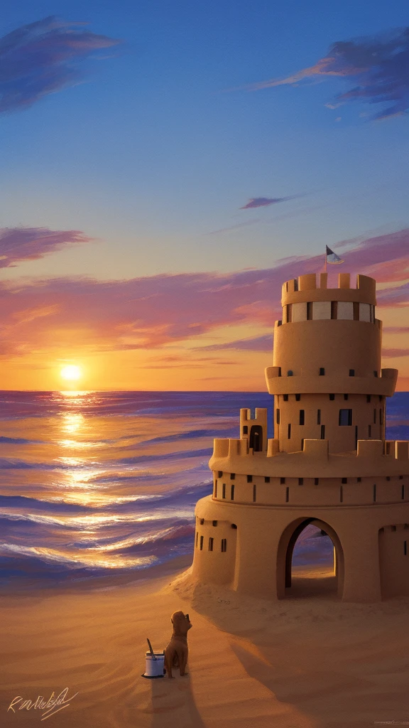 Dog, howling, beach, sunset, bucket, sand castle, waves