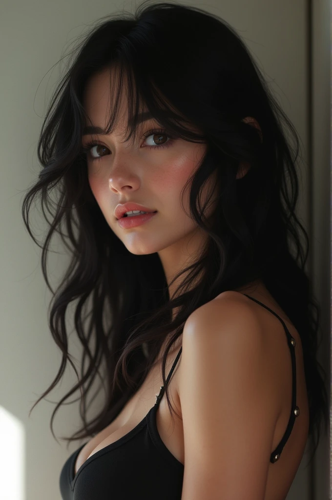 Create adult content of sexy realistic black-haired girl