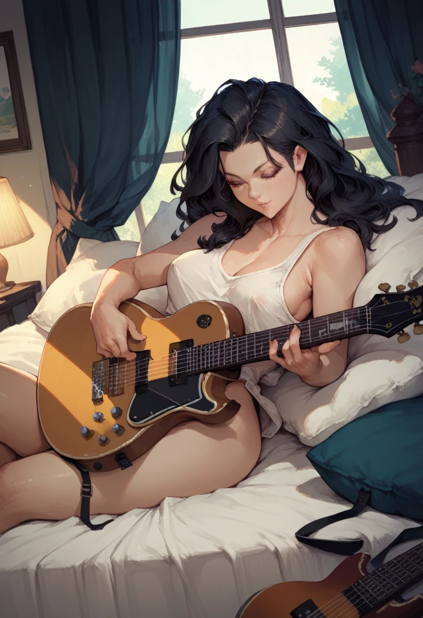 score_9, score_8_up, score_7_up, Japan Female, (black hair), lovely, playing guitar inside window in bed, Proportional body, perfect body figure