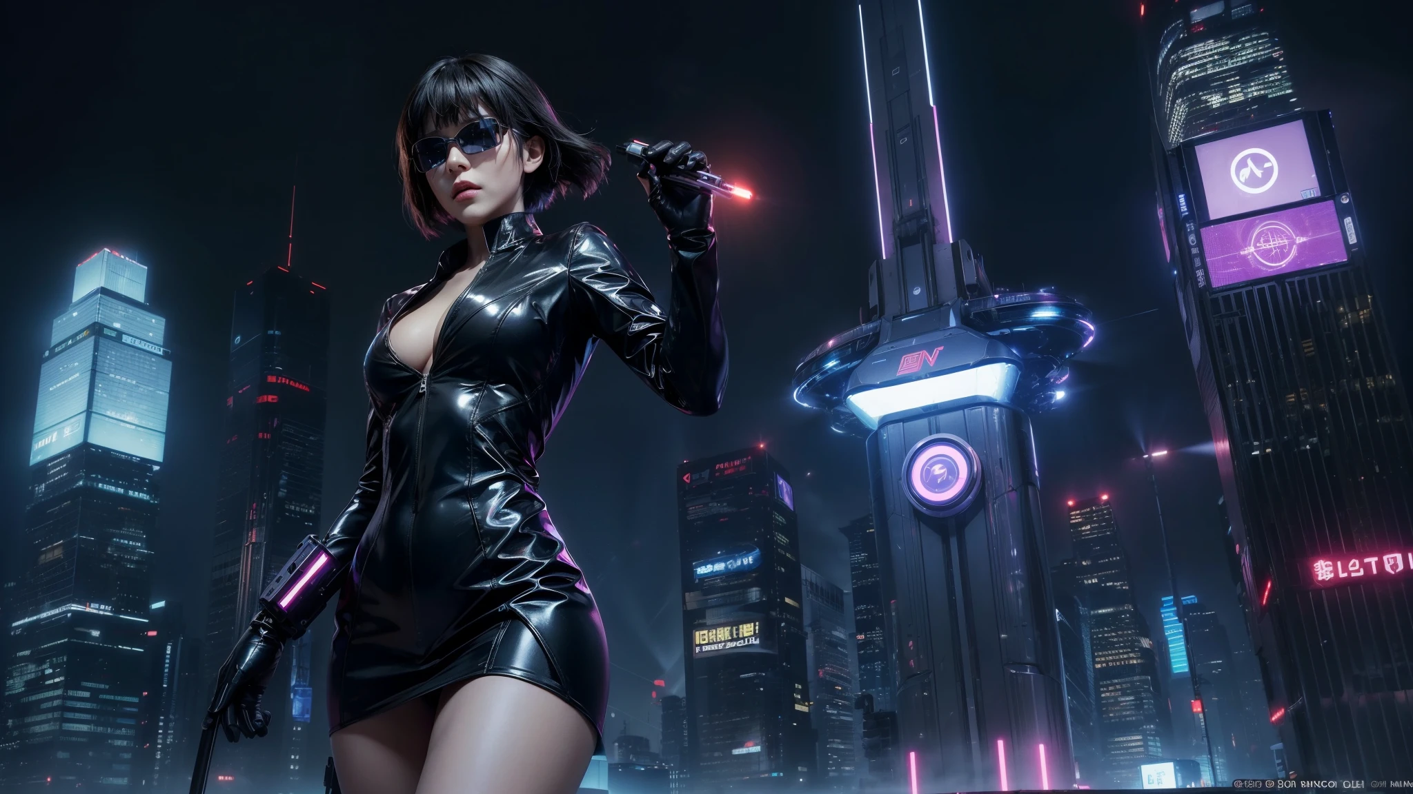 (Wide angle view). "ghost in the shell" film inspired futuristic Tokyo city, simple outlined neon tall buildings, (OLED holographic portrait on buildings), glowing giant clock tower, 1drone, lightning, 3D rendering Beeple. At night, (1girl, solo, alone), photorealistic, medium-breast slim:0.6 body, oval:0.5 face, cleavage:1.1, sexy costume with deep-v, low view pleated miniskirt, glove, (Matrix style black micro sunglasses), ((aiming viewer with a short gun)), (running pose), (half-body thigh level close-up shot), cinematic lighting, ray tracing.