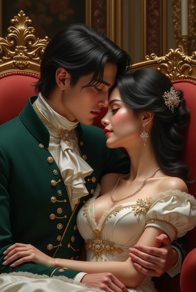 A male couple, where one of them is an Italian prince, with black hair and green eyes and the other is a boy with Korean features. It's a male couple