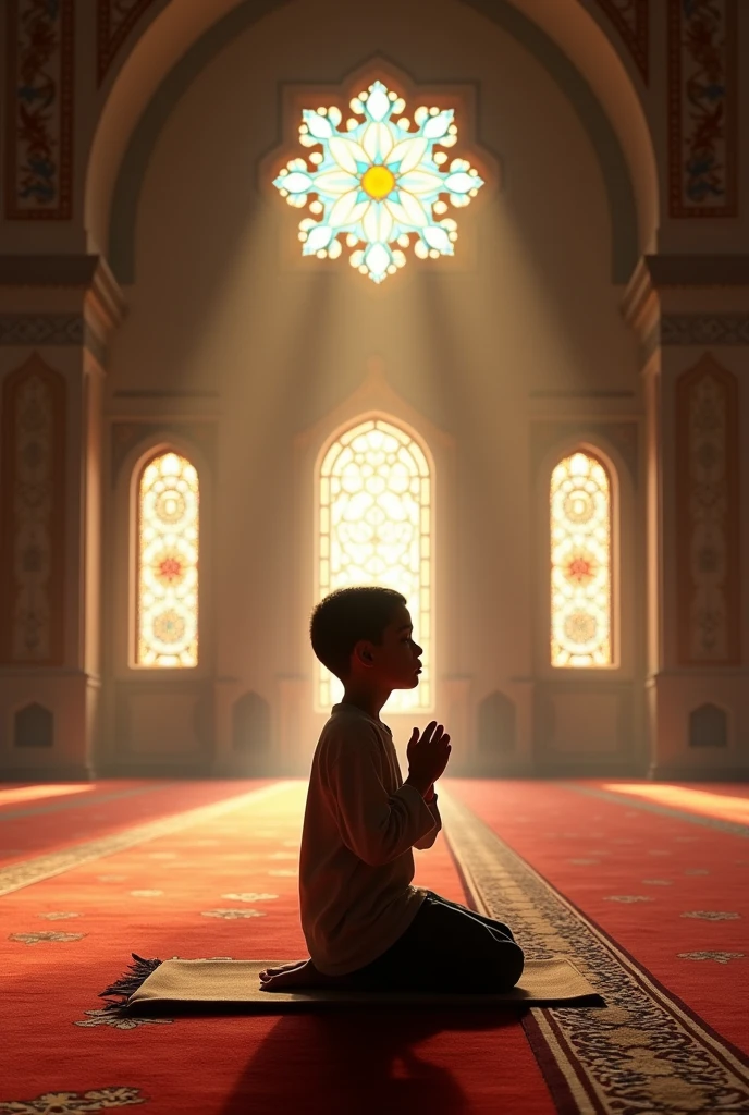 A boy is praying in a mosque