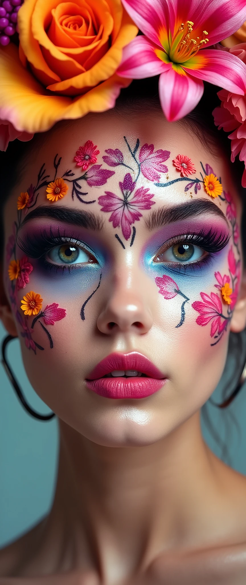 Create facial makeup with flowers, only flashy makeup 