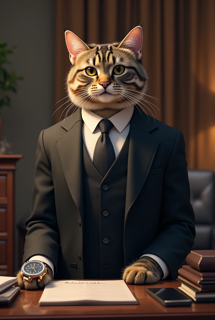 A cat sitting on a desk, The cat has a smart suit and a luxury watch on his wrist