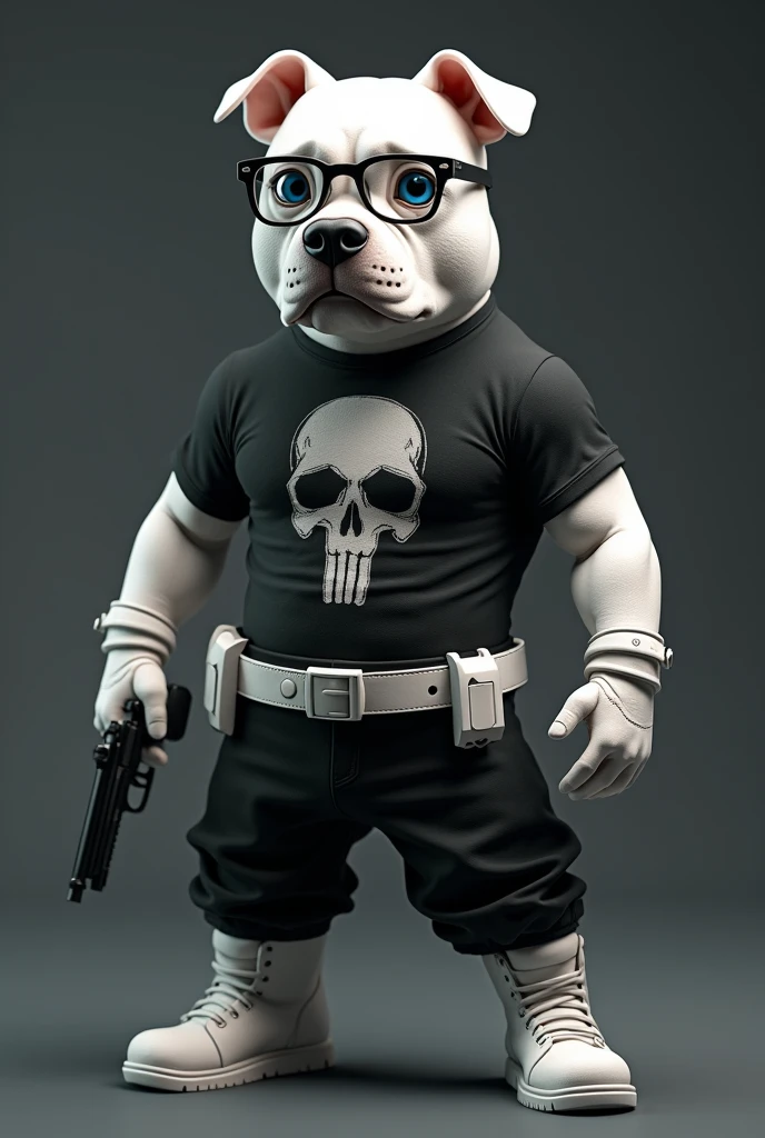 .3d character, a white pitbull dog with plain glasses wearing a black commando outfit, body builder, very short black hair, blue colored eyes, beautiful big circular reflective eyes, big white gloves, white combat boots, white ammunition belt, black skull-print T-shirt, skull logo on chest, holding a Colt 45 pistol, (film composition), (best qualityer, work of art, 4K, ultra detaild, sharp focus, 8k, High definition:1.2), (work of art: 1.2), absurderes