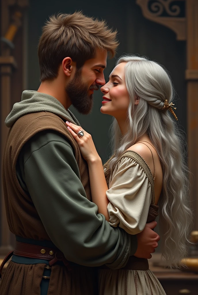 Young man with brown hair and short beard, greeneyes, holding a young woman with silver hair and amber eyes, both in medieval blacksmith's robes