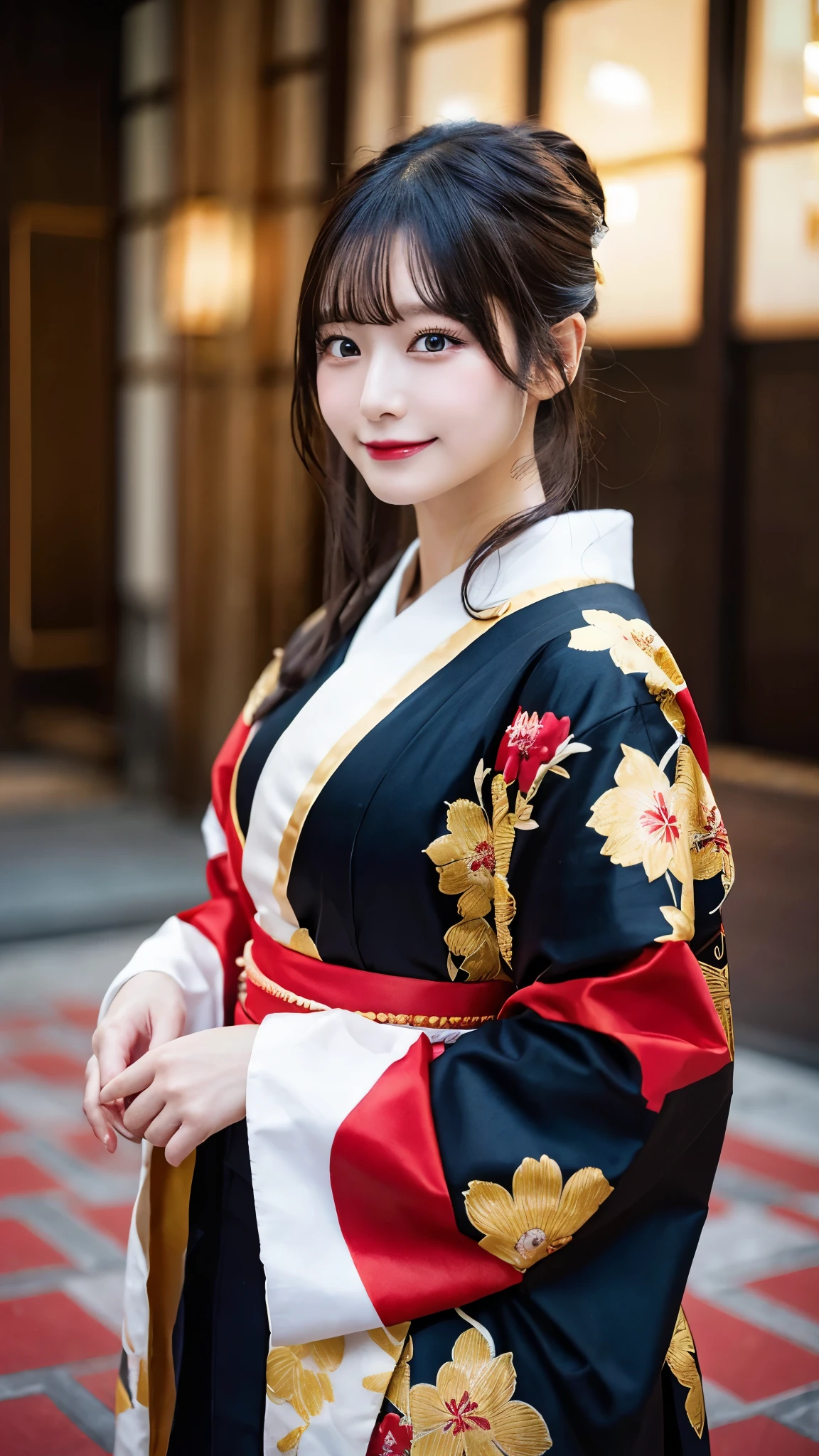 (8k,Realistic RAWphotograph Highest quality;1.4) One Mature Woman) Super beautiful Japanese mature goddess (Lively Faces) Costumesを着た中程度の胸の女性の接写, Japanese mature goddess, Laughter Beautiful fantasy empress, 美しく魅力的なanime女性, Gweiz-style artwork, 8kの高品質で詳細なアート, Very detailed artgerm, Palace-like , Beautiful character drawings, anime, 魅惑的なanime女性 白い絹で作られたJapanese Kimono (Costumes) 超High resolution Beautiful expression Surreal (Realistic Skin) Ultra-high density (Tabletop, Highest quality, Realistic, High resolution, photograph, :1.3) Super flashy makeup Golden Eyes Japanese Kimono Black and red bands Golden Band Code Red Rouge Beautiful black hair,Highest qualityのRealisticRAWphotograph。Backlight、Cinema Lighting、Film Grain、50mm lens、Nikon D850、Ultra-Realistic Skasy art、Character Art、超High resolution、Muscular and slim body、Ultra-Realistic Skin,Perfect hands(Anatomical Modeling),Oiran style makeup,blue eyes